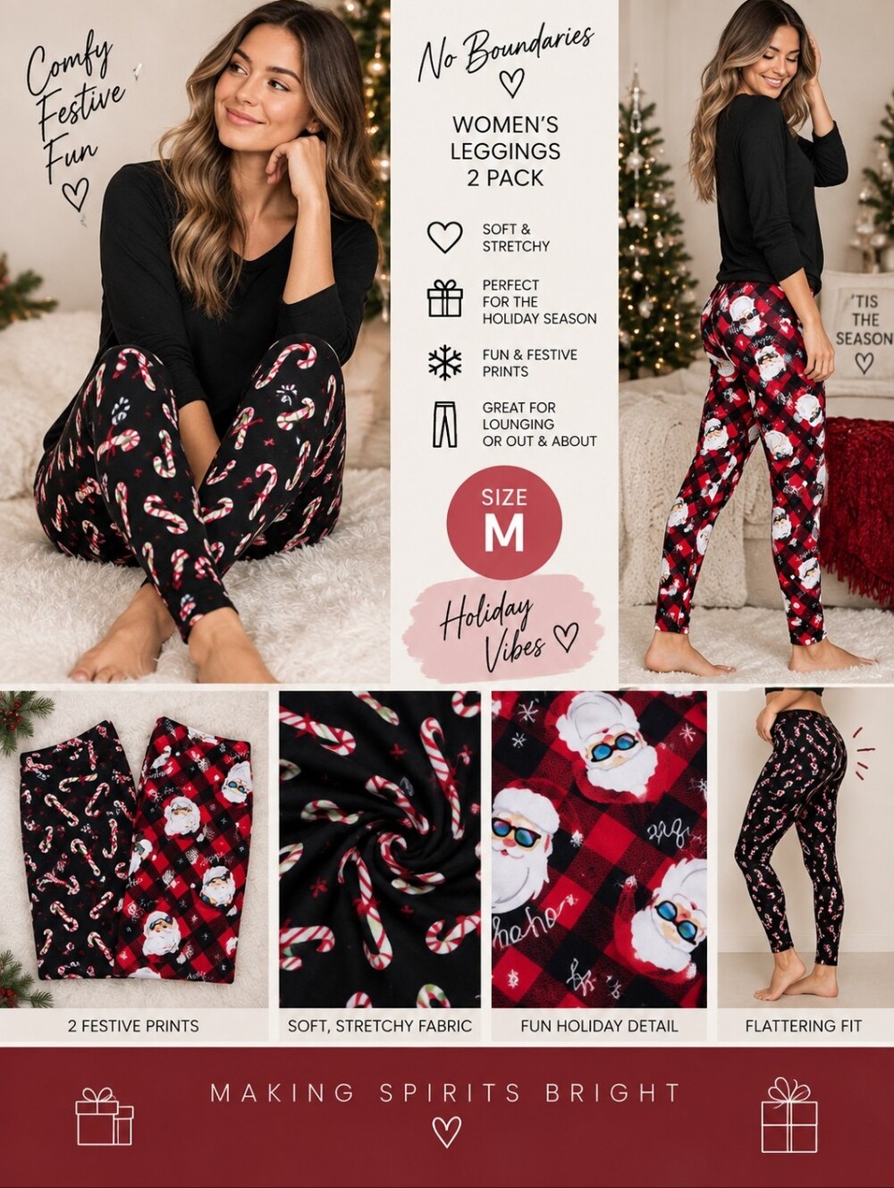 New No boundaries Women's medium lot of 2 Christmas themed leggings #19
